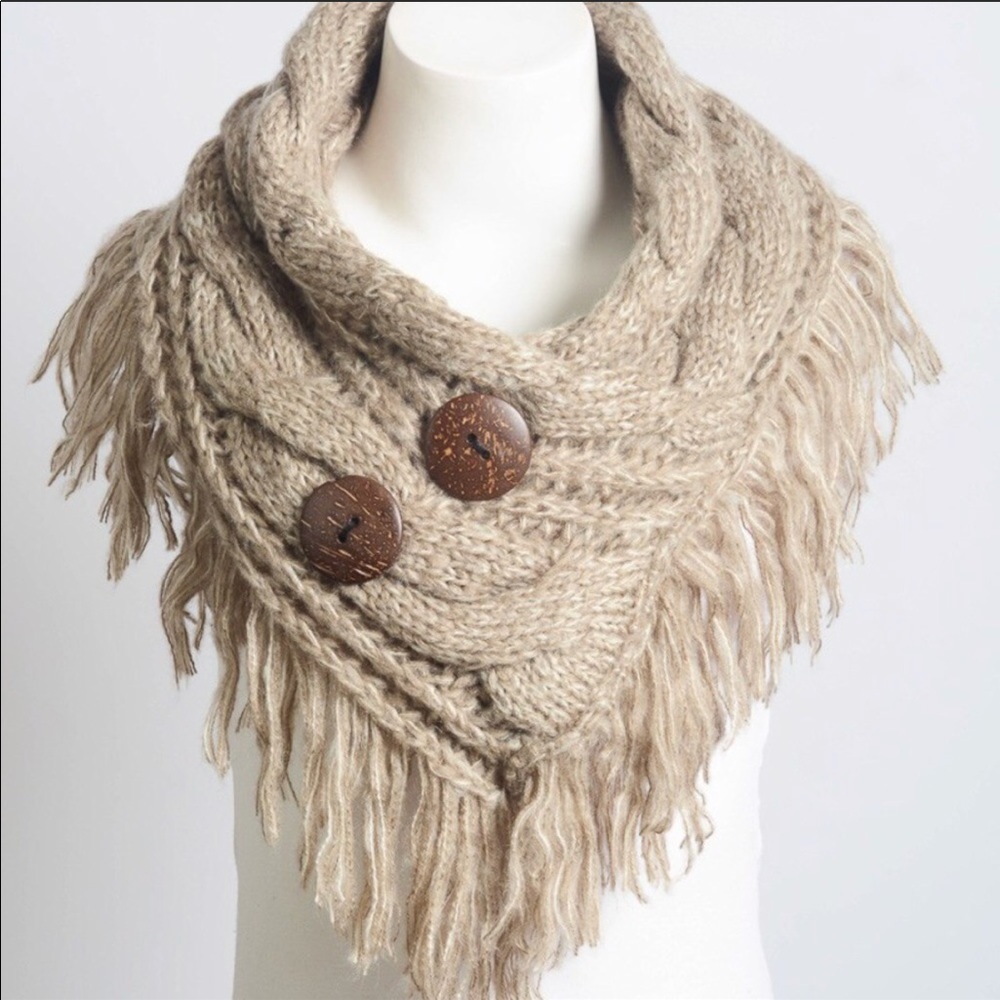 Mocha Fringe Shoulder Warmer scarf wrap Buttons - Picture 2 of 3